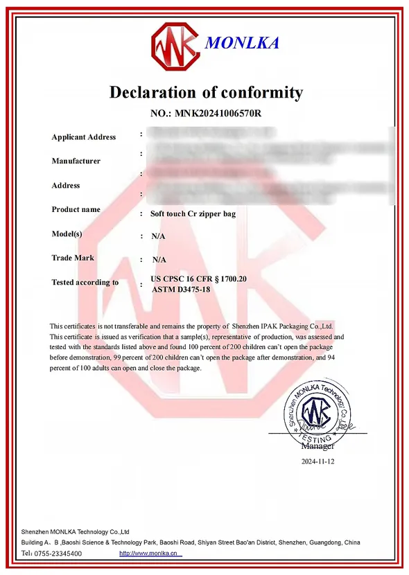 03 child-resistant zipper bag declaration of conformity certificate