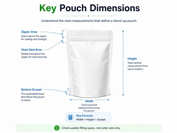 03-key-pouch-dimensions-guide.png ALT: Infographic explaining stand-up pouch dimensions including width, height, zipper area, heat-seal area and bottom gusset. Size: 600x450