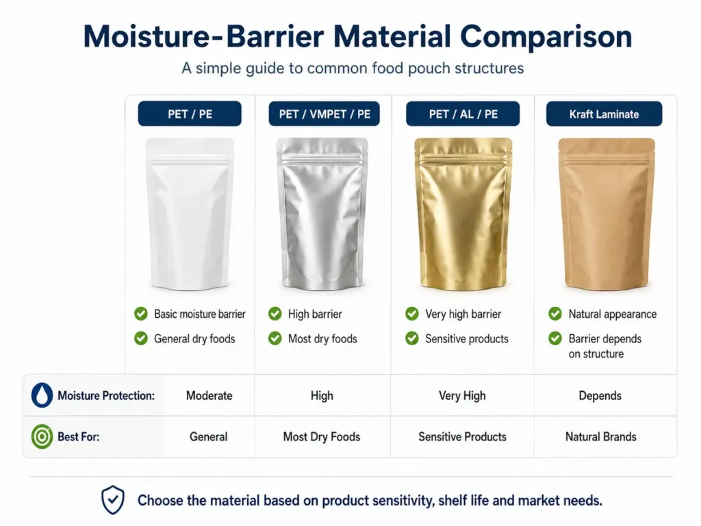 Infographic comparing common moisture-barrier pouch materials including PET/PE, PET/VMPET/PE, PET/AL/PE and kraft laminate.