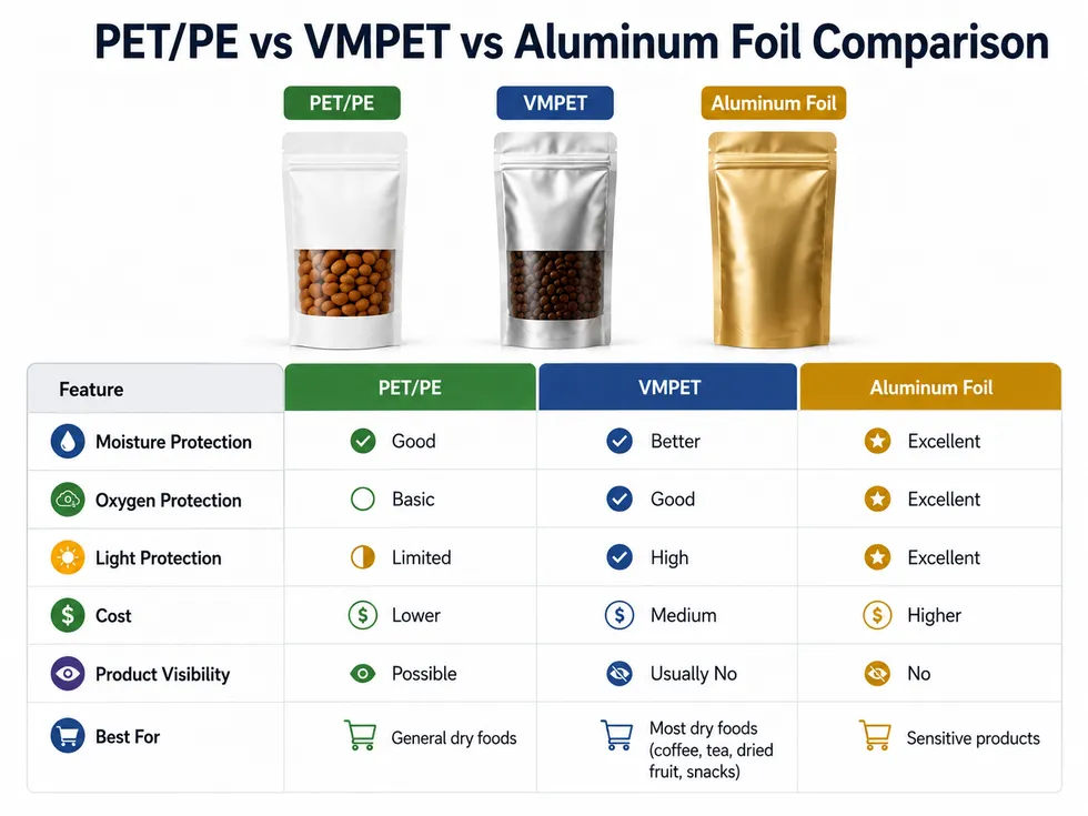 Comparison chart of PET/PE, VMPET and aluminum foil pouch materials by moisture protection, oxygen protection, light protection, cost and product visibility.