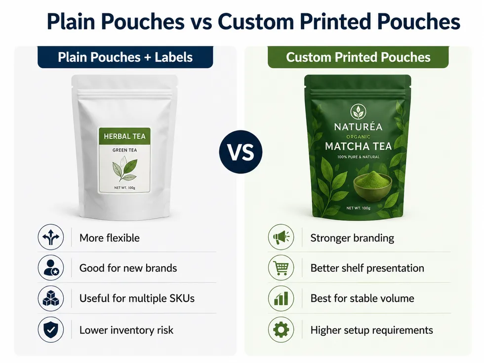 Infographic comparing digital printing and gravure printing for food pouches based on MOQ flexibility, repeat orders and unit cost at higher volumes.