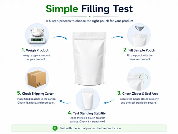 04-simple-filling-test-guide.png ALT: Infographic showing a simple five-step filling test process for selecting the right pouch size. Size: 600x450