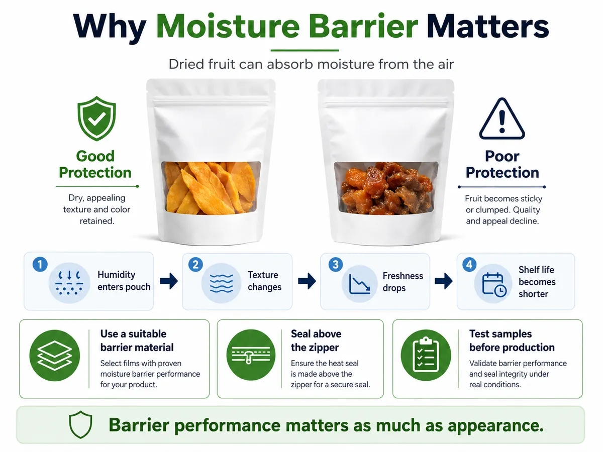 Infographic explaining why moisture barrier matters for dried fruit packaging, showing the difference between good protection and poor protection.