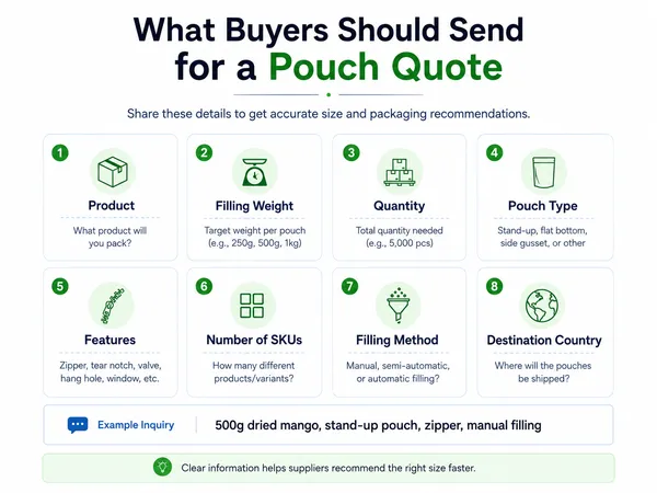 05-buyer-pouch-quote-checklist.png ALT: Infographic checklist showing the key information buyers should send to get an accurate pouch quote. Size: 600x450
