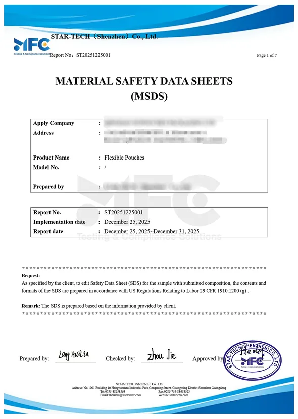 05 MSDS material safety data sheets for flexible pouches