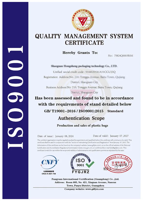 06 ISO 9001 quality management system certificate for plastic bags