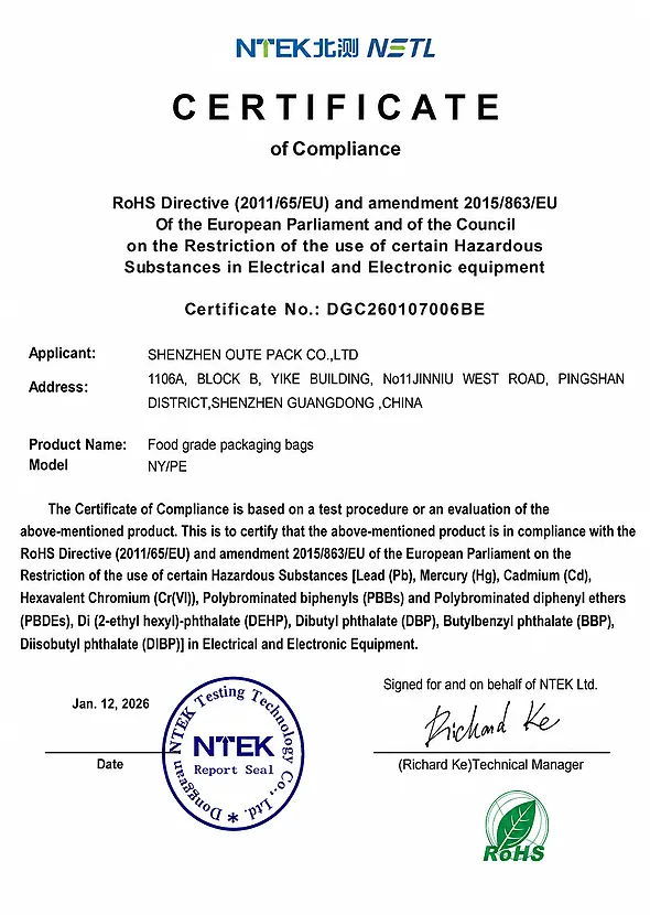 10 NY PE packaging bags RoHS certificate of compliance
