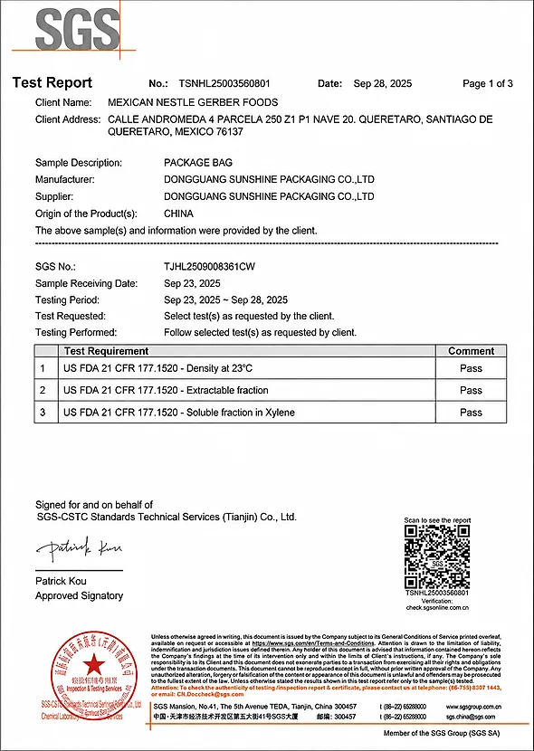 12 SGS US FDA food contact test report for packaging bags