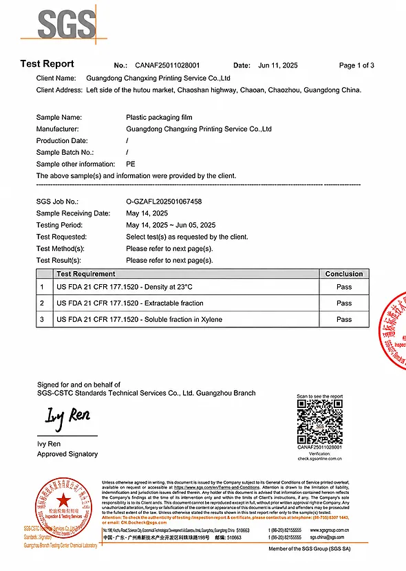 13 SGS US FDA food contact test report for PE packaging film