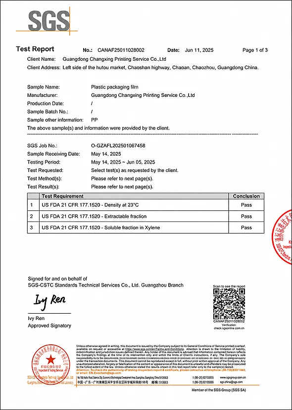15 SGS US FDA food contact test report for PP packaging film page 1