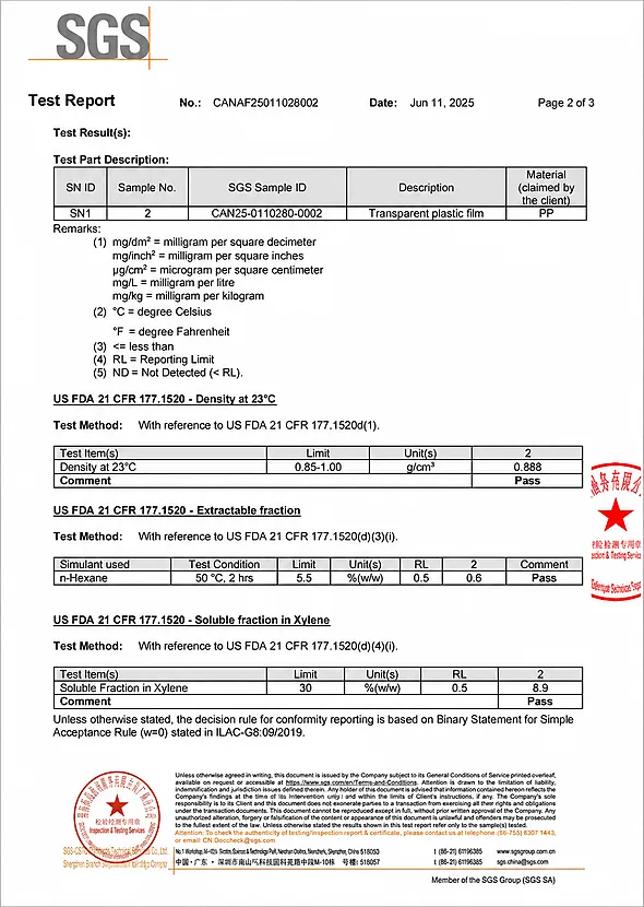 16 SGS US FDA food contact test results for PP packaging film page 2