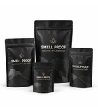 Matte black smell proof mylar bags in multiple sizes with custom printing and resealable zipper closures.