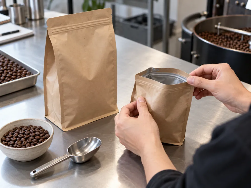 Hands holding open a small unbranded kraft brown flat-bottom coffee pouch beside a larger matching pouch, with a bowl of roasted coffee beans and a metal scoop on a stainless steel workbench.