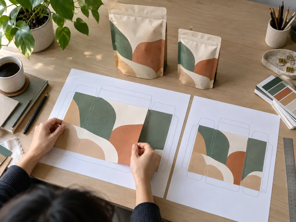 Hands reviewing a large coffee pouch dieline with green, beige and terracotta abstract graphics beside a smaller matching dieline, with two different-sized printed coffee pouches on a wooden desk.