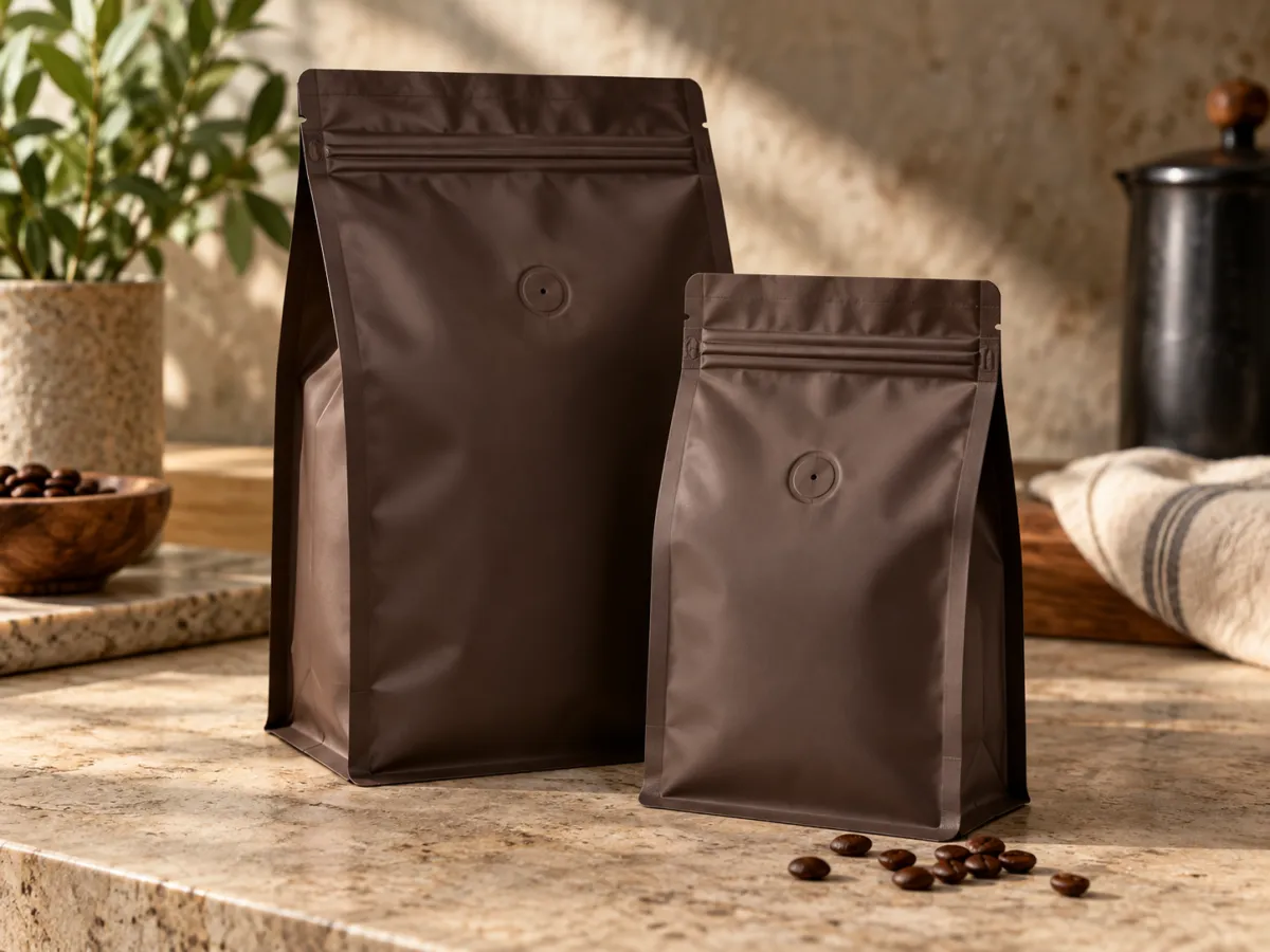 Two unbranded matte brown flat-bottom coffee pouches of different sizes, each with a resealable zipper and circular degassing valve, standing on a stone worktop beside scattered roasted coffee beans.