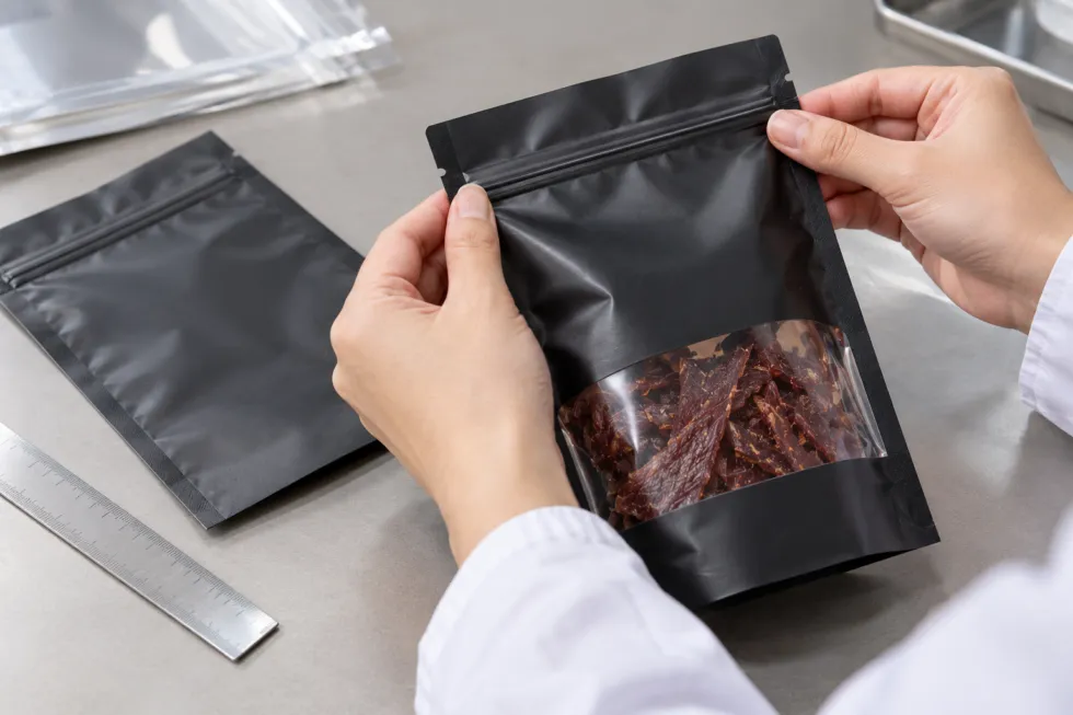 Hands inspecting the zipper of a matte black beef jerky pouch with a clear window, beside an empty pouch and a metal ruler on a gray worktable.