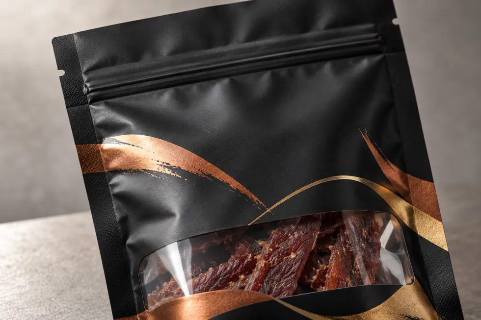 Close-up of a matte black beef jerky pouch with copper and gold decorative accents, a resealable zipper, and a clear window showing dried beef strips.