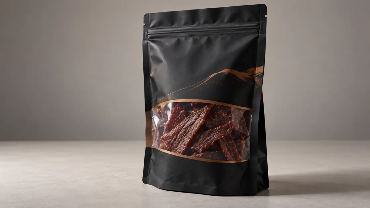 Matte black stand-up pouch with copper-colored accents, a resealable zipper, and a clear window showing strips of beef jerky.