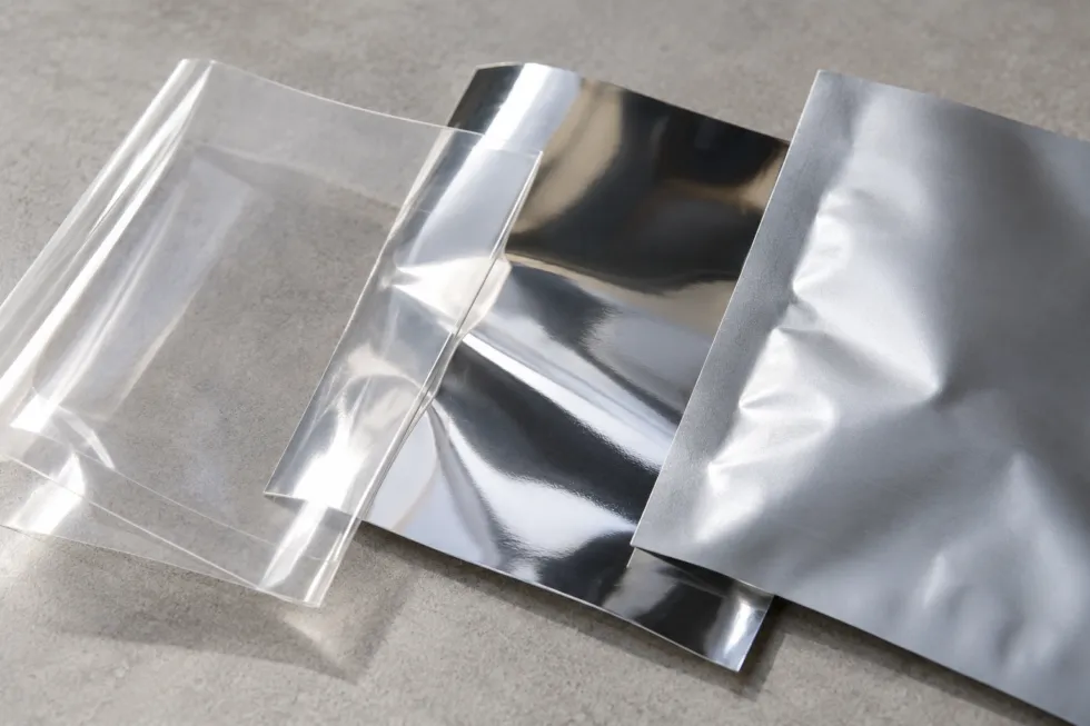 Three overlapping packaging film samples on a light gray surface: clear transparent film, reflective silver film, and opaque matte silver film.