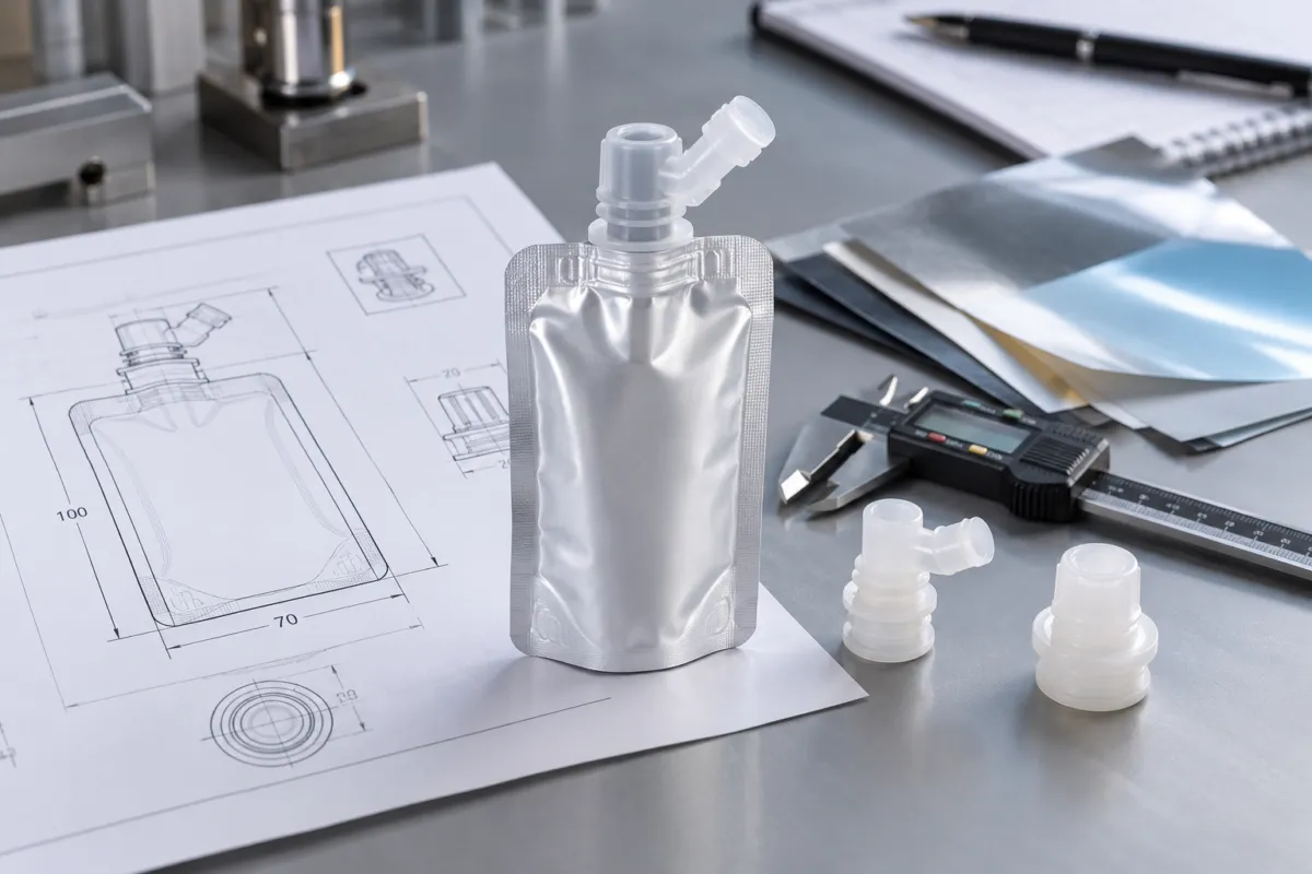 Unbranded silver flexible pouch with a plastic fitment on an engineering worktable beside technical drawings, a digital caliper, laminate film samples, and reference fitment components.