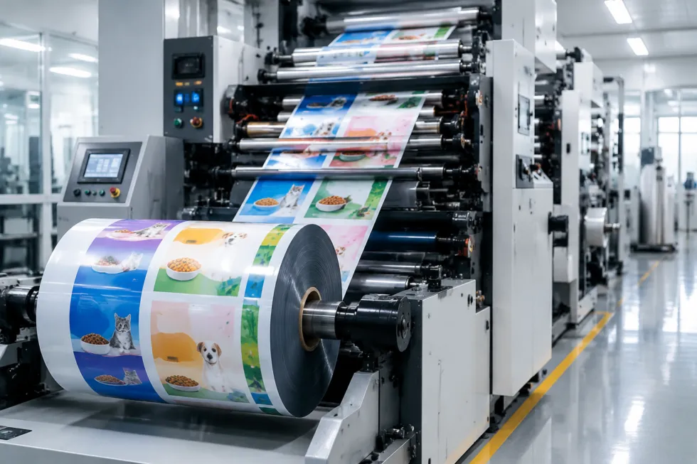 A digital flexible-packaging printing press producing laminated film with several generic artwork patterns visible on the moving printed web.