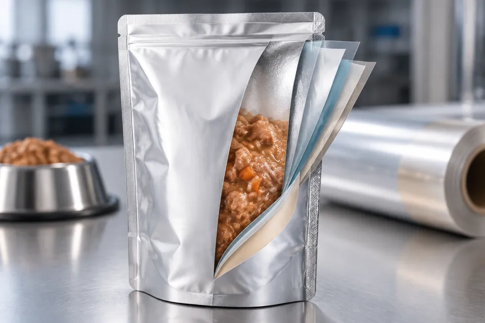 A silver laminated stand-up pouch with a partial cutaway revealing multiple film layers and wet pet food inside, with a food bowl and packaging film roll in the background.