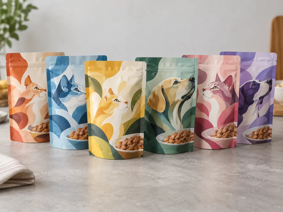 Six colorful unbranded stand-up pouches displayed together on a tabletop, featuring different cat and dog artwork and bowls of wet pet food.