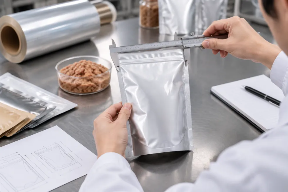 A packaging specialist uses a precision caliper to inspect an unbranded stand-up pouch on a technical workbench, with packaging materials and a pet food sample nearby.