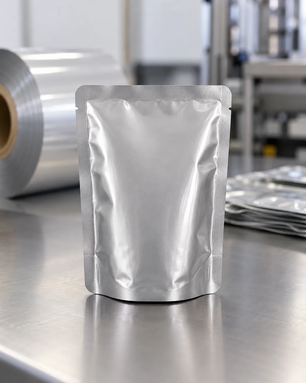 A generic unbranded retortable stand-up pouch for wet pet food on an industrial packaging tabletop, with laminated packaging film and neutral packaging samples in the background.