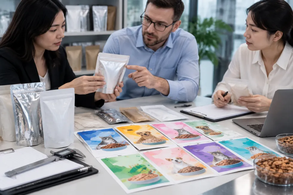 Three professionals review unbranded stand-up pouch samples and abstract design proofs on a meeting table with a blank specification sheet and measuring tool.