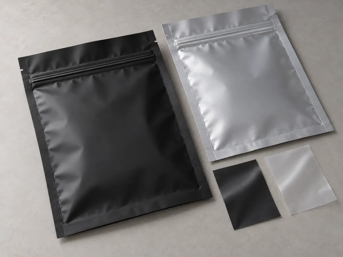 Unbranded matte black and silver flat zipper pouches with sealed edges, arranged beside black and silver film swatches on a neutral tabletop.