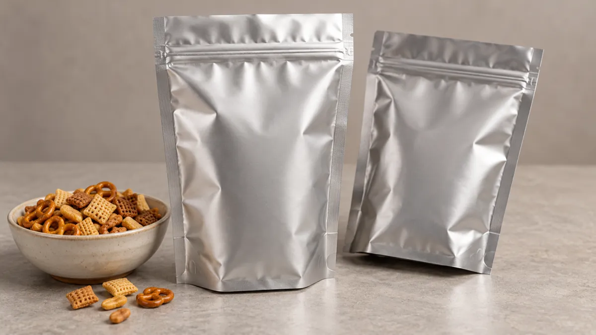 Two unbranded silver metallic stand-up zipper pouches beside a ceramic bowl of cereal squares, pretzels, and mixed crunchy snacks on a gray tabletop.