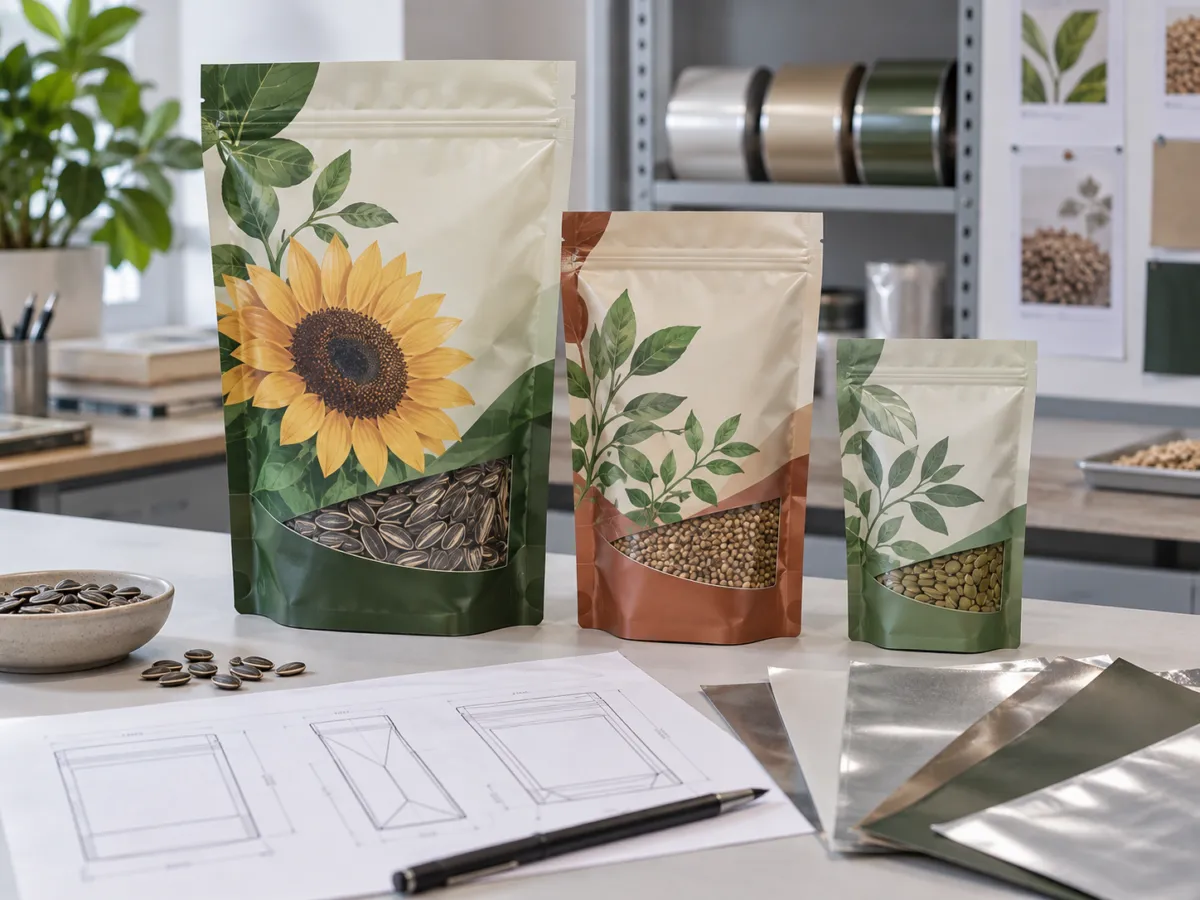 Three flexible seed pouches in different sizes displayed with seeds, packaging drawings, and material samples on a packaging development worktable.