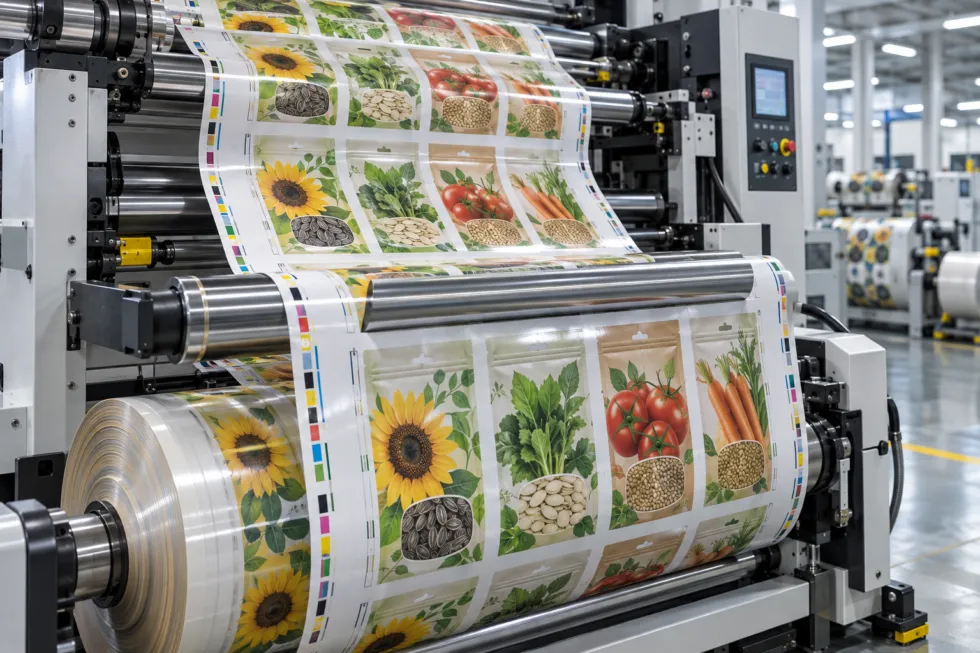 Printed flexible packaging film with repeated seed pouch designs running through rollers on an industrial printing machine.