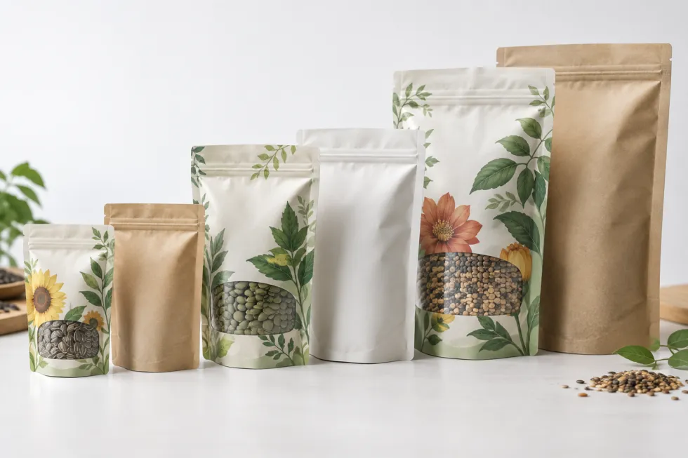 Six resealable seed pouches in three sizes, including printed botanical designs and plain kraft variants, arranged with scattered seeds on a studio surface.