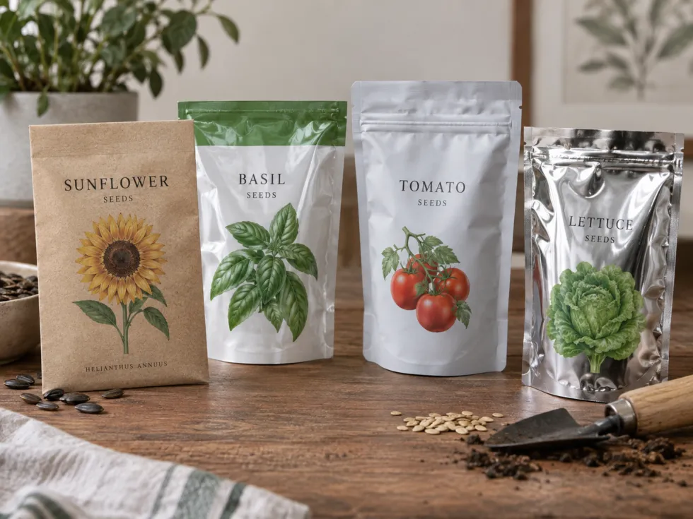 Four seed packages on a wooden table, including a kraft paper packet, laminated pouch, opaque white pouch, and reflective silver pouch.