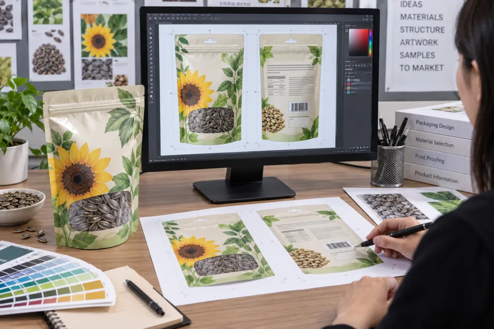 A packaging designer reviews seed pouch artwork on a monitor beside a matching pouch sample, printed proofs, color swatches, and seed references on a desk.