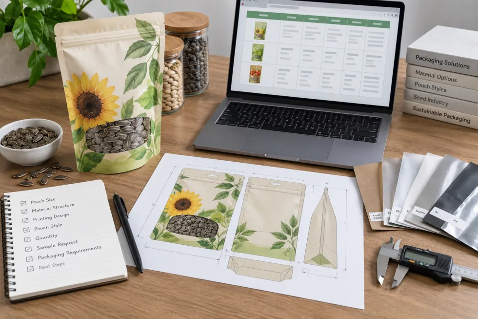 A seed pouch sample, seed jars, pouch dieline, material swatches, caliper, notebook, and laptop with a generic product table arranged on a packaging development desk.