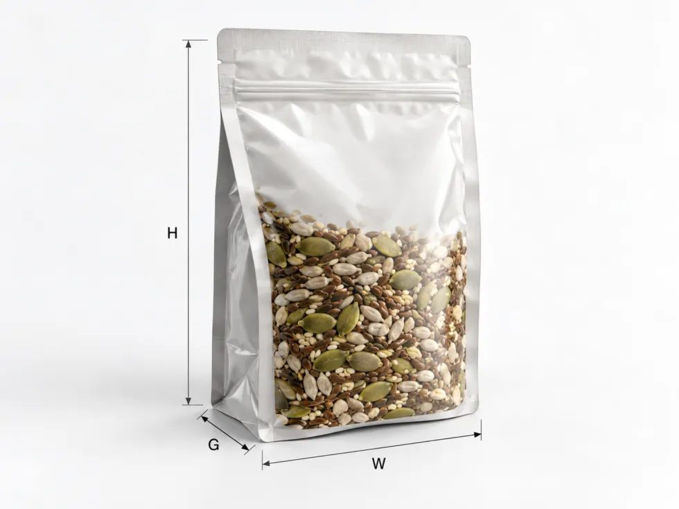 A resealable stand-up seed pouch filled with mixed seeds, shown with measurement guides labeled W, H, and G for width, height, and bottom gusset.