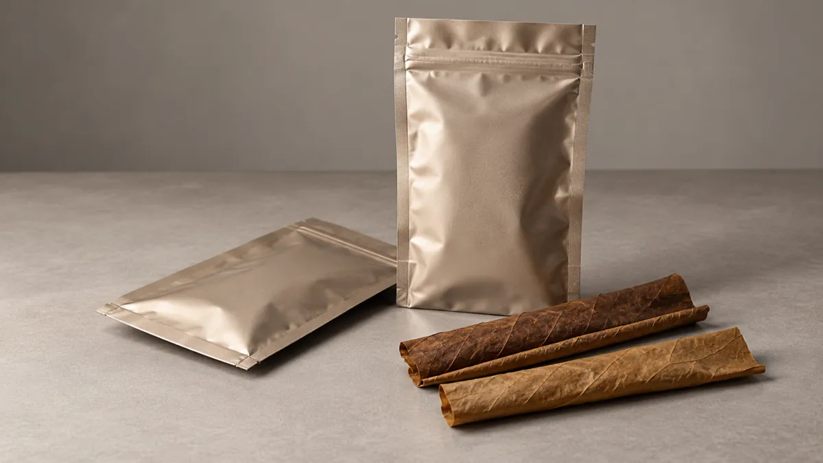 Two unbranded champagne-colored metallic foil pouches, one upright and one lying flat, beside three brown tobacco leaf wraps on a warm gray studio table.