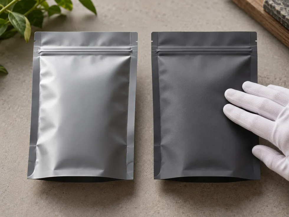 Two unbranded resealable pouches side by side on a neutral tabletop, one silver-gray with a subtle sheen and the other dark gray with a muted matte surface, as a white-gloved hand touches the darker pouch.