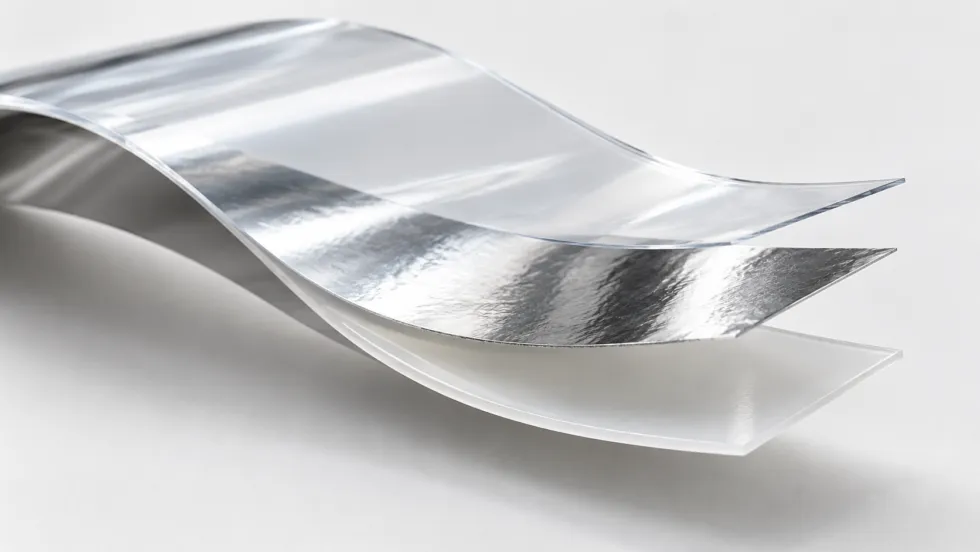 Curved three-layer packaging film with a clear glossy upper layer, reflective silver foil middle layer, and translucent white lower layer against a light gray background.