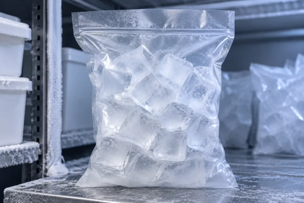 Clear flexible pouch filled with ice cubes standing on a frosted metal shelf in cold storage.