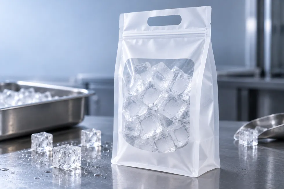 Frosted flexible pouch with a clear front window, die-cut handle and flat bottom, filled with ice cubes on a stainless steel surface.