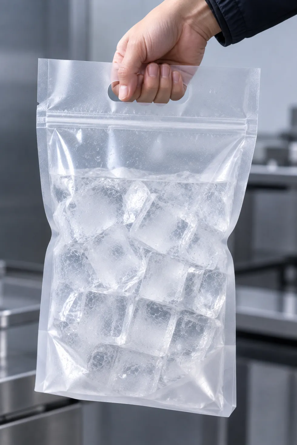 Hand lifting a clear flexible pouch filled with ice cubes by its die-cut top handle.