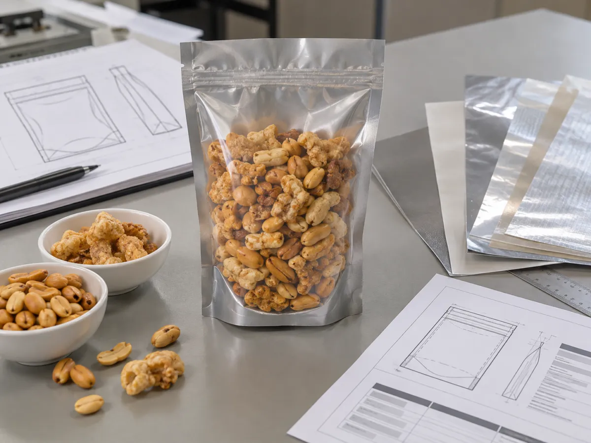A flexible snack pouch filled with peanuts and savory snack pieces displayed beside packaging film samples, pouch drawings, and measurement tools on a worktable.