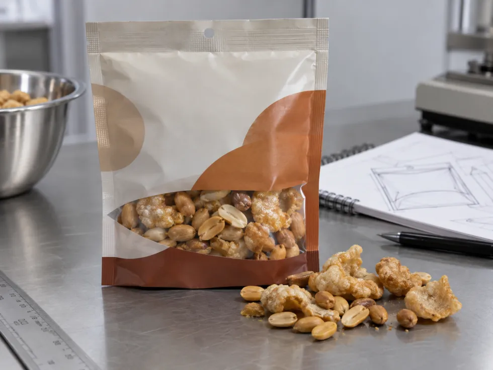 Flexible snack pouch containing savory snacks with packaging samples and product design references on a worktable.