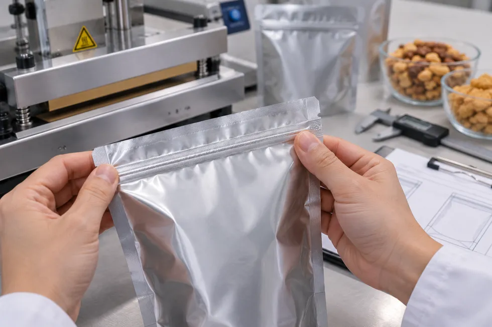 Inspection of a sealed flexible snack pouch edge during packaging quality checking.
