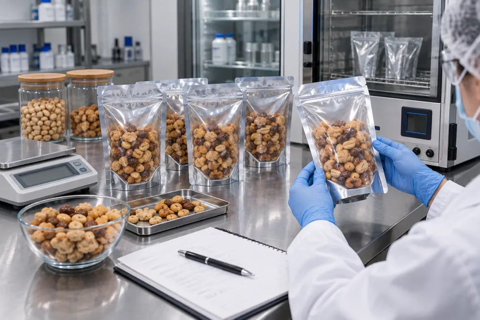 Filled snack pouches being evaluated during packaging shelf-life testing.