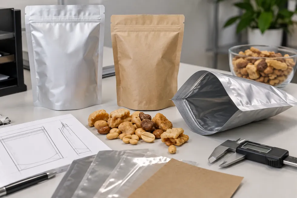 Different snack pouch sizes compared with product samples and packaging measurement tools.